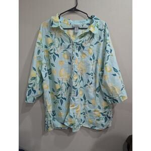 Women's linen 3/4 length collared linen/cotton blend blue blouse w/lemon print